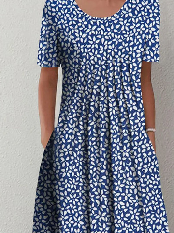 Lässig Rundhals Geblümt Weit Kleid