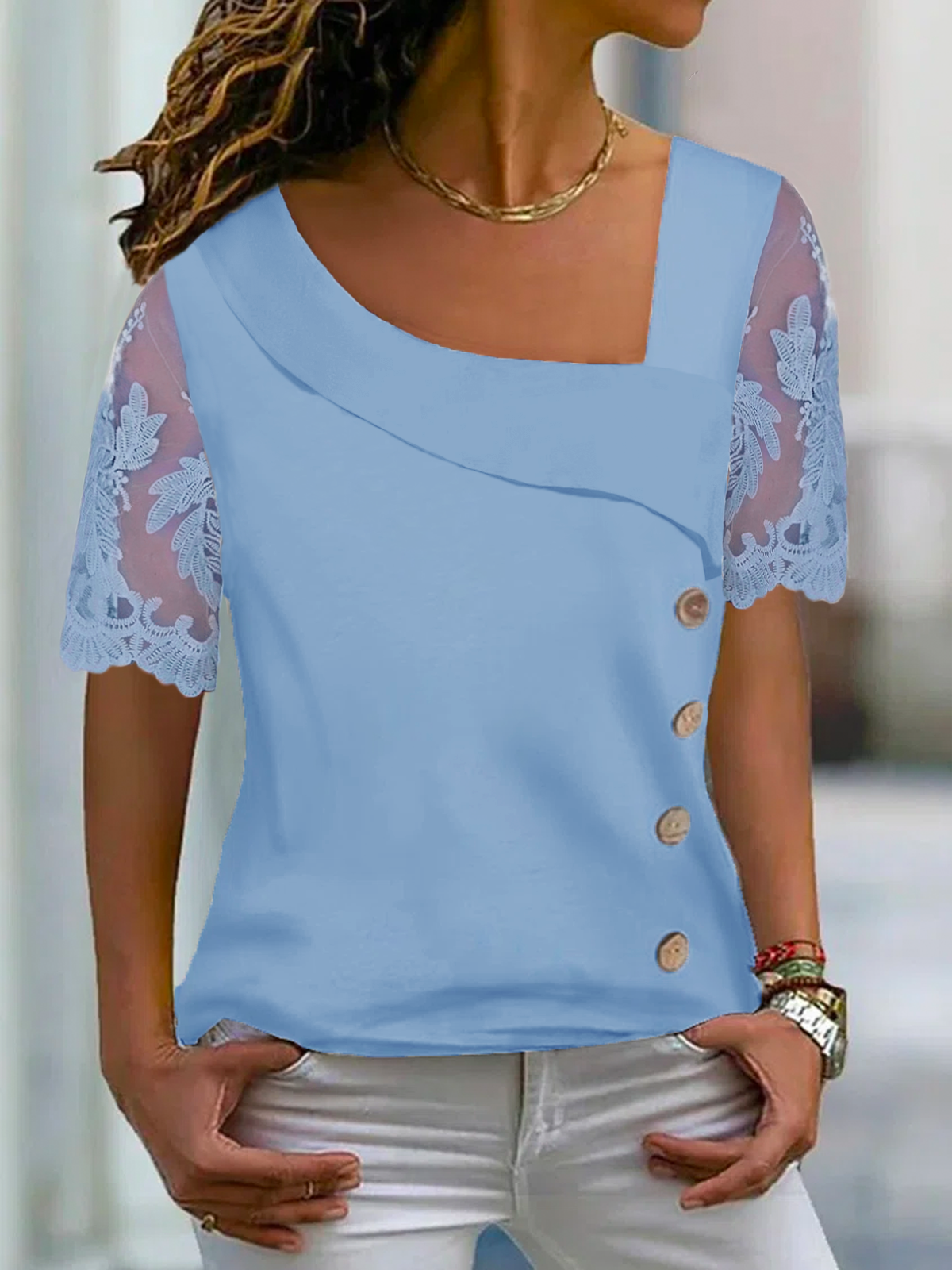 Damen T-shirt mit Spitzenärmel Lässig Asymmetrischer Hals Geknöpft Mesh Bluse