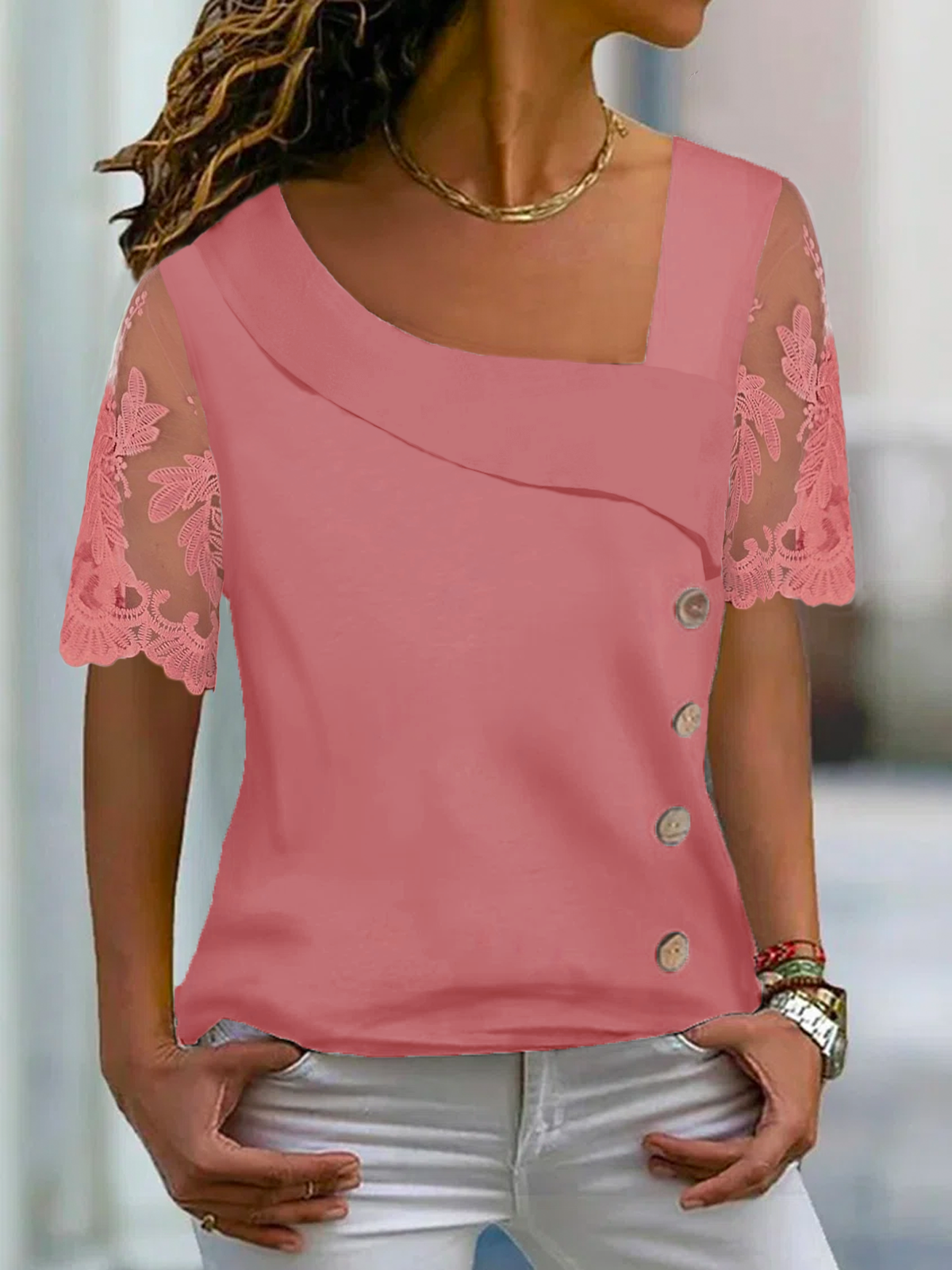 Damen T-shirt mit Spitzenärmel Lässig Asymmetrischer Hals Geknöpft Mesh Bluse