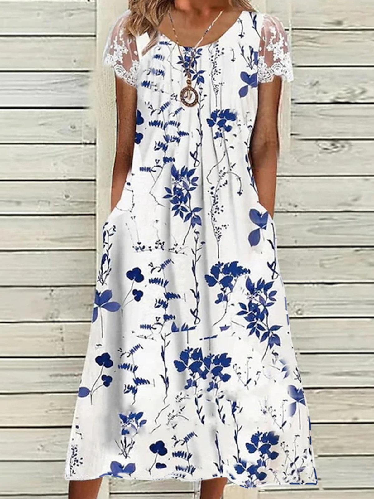 Damen Geblümt Kurzarm Sommer Spitzenkleid Rundhals Täglich Lässig Maxikleid A-Linien-Kleid