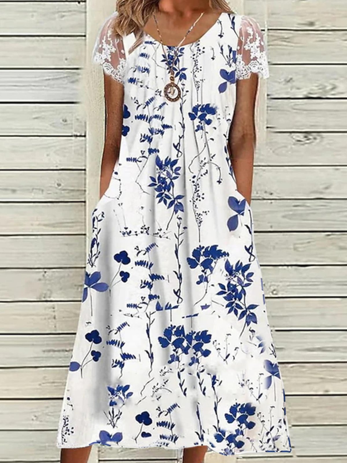 Damen Geblümt Kurzarm Sommer Spitzenkleid Rundhals Täglich Lässig Maxikleid A-Linien-Kleid