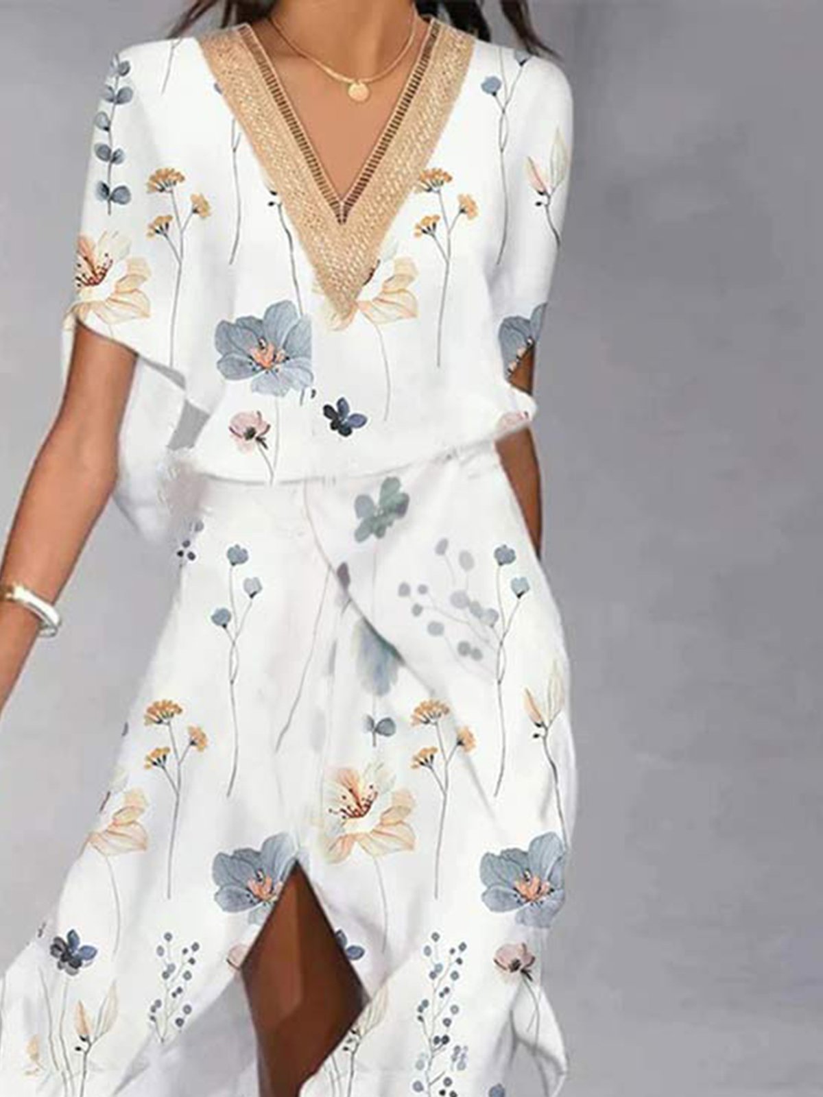 Damen Geblümt Kurzarm Sommer Spitzenkleid V-Ausschnitt Party Lässig Maxikleid A-Linien-Kleid