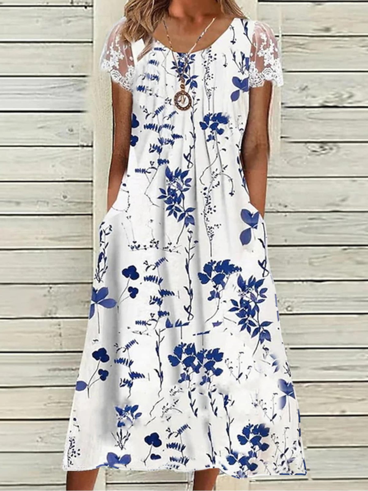 Damen Geblümt Kurzarm Sommer Spitzenkleid Rundhals Täglich Lässig Maxikleid A-Linien-Kleid