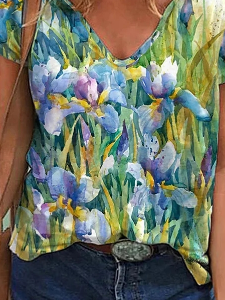 Aquarell Iris Print V-Ausschnitt Lässig Weit T-Shirt