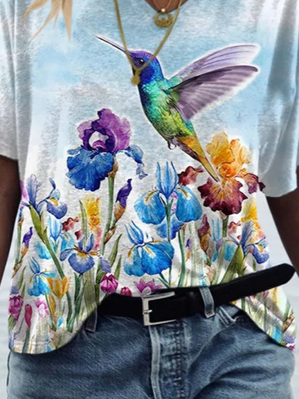 Kolibri Blumenmuster Lässig V-Ausschnitt T-Shirt