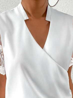 Damen Kurzarm Bluse Sommer Unifarben Spitzenrand Kreuzhals Täglich Ausgehen Lässig Oberteile