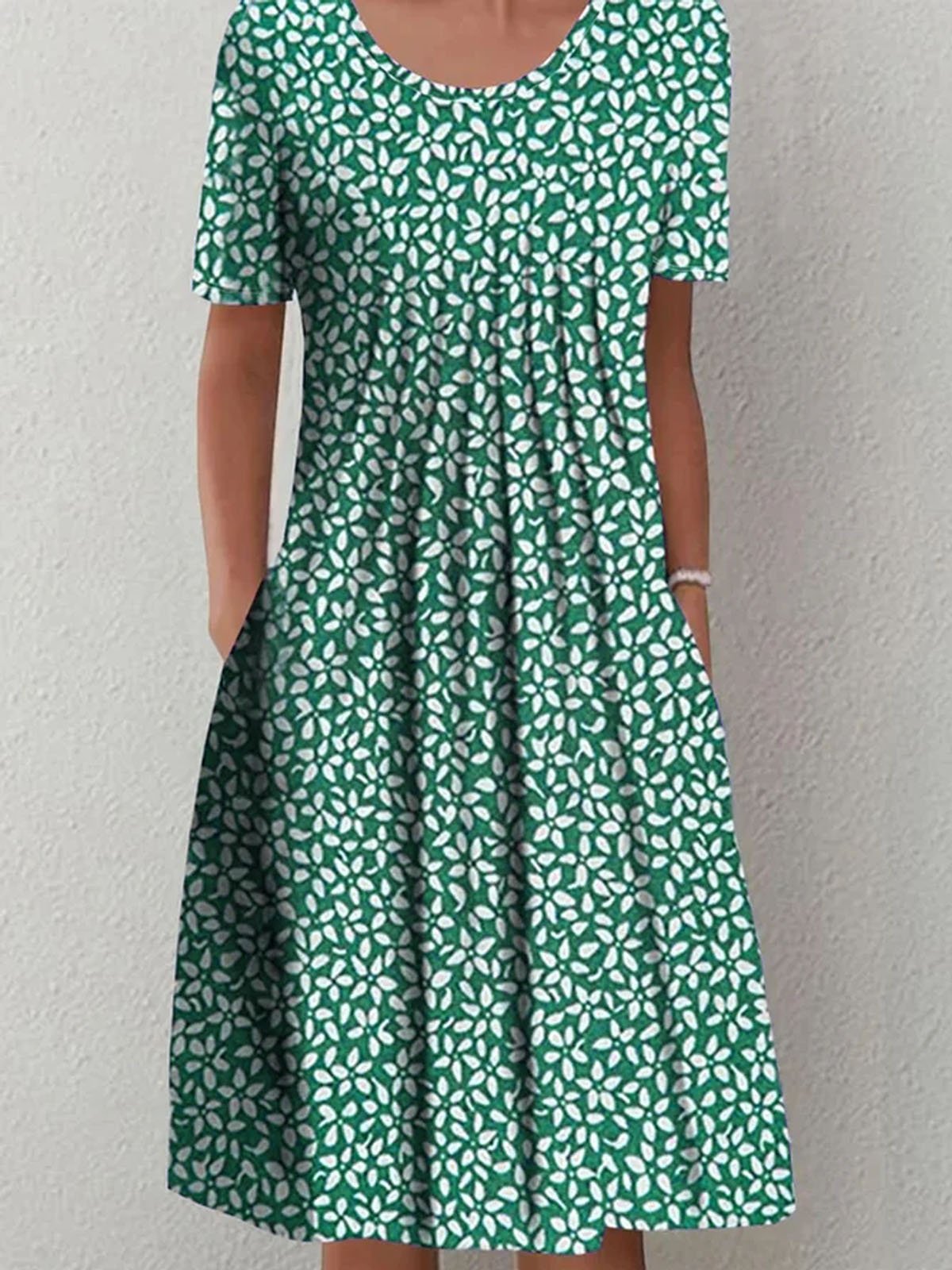 Lässig Rundhals Geblümt Weit Kleid