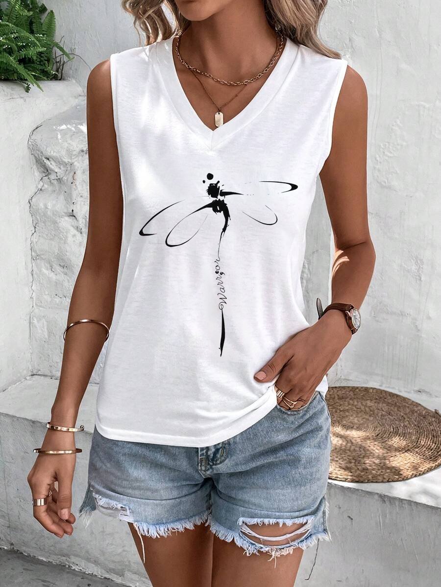 Damen Ärmellos Tanktop Oberteile Leibchen Sommer Libelle Jersey V-Ausschnitt Täglich Ausgehen Lässig Oberteile Weiß