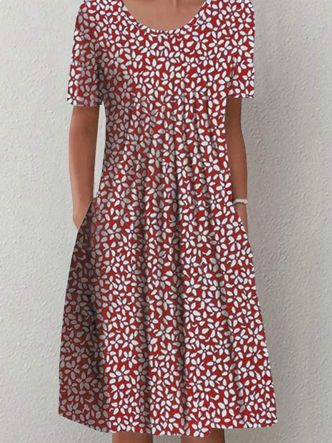 Lässig Rundhals Geblümt Weit Kleid