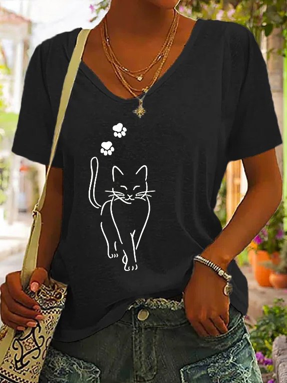 Damen Lässig Sommer Katze Täglich Weit Kurzarm T-Shirt