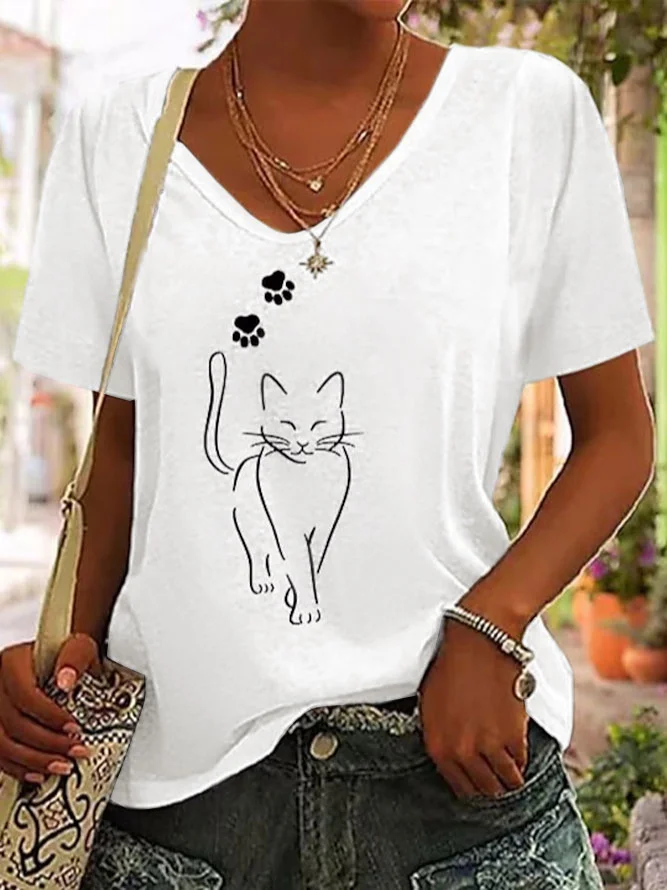Damen Lässig Sommer Katze Täglich Weit Kurzarm T-Shirt