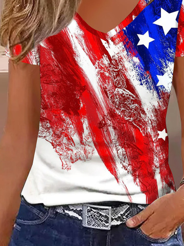 Damen Amerika-Flagge Kurzarm Bluse Sommer V-Ausschnitt Täglich Lässig Oberteile