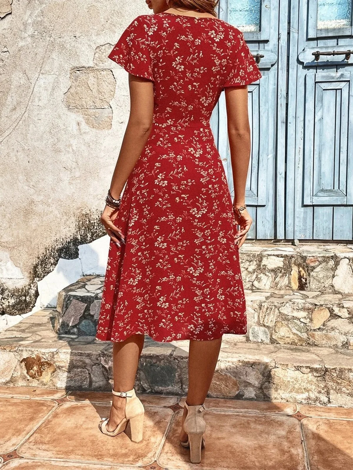 Elegant Regelmäßige Passform Rüschenärmel Geblümt Karree-Ausschnitt Kleid