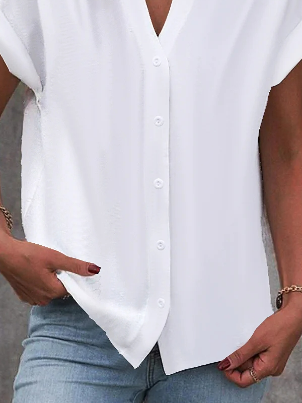 Damen Geknöpft Unifarben Bluse Weiß Lässig Weit Shirts