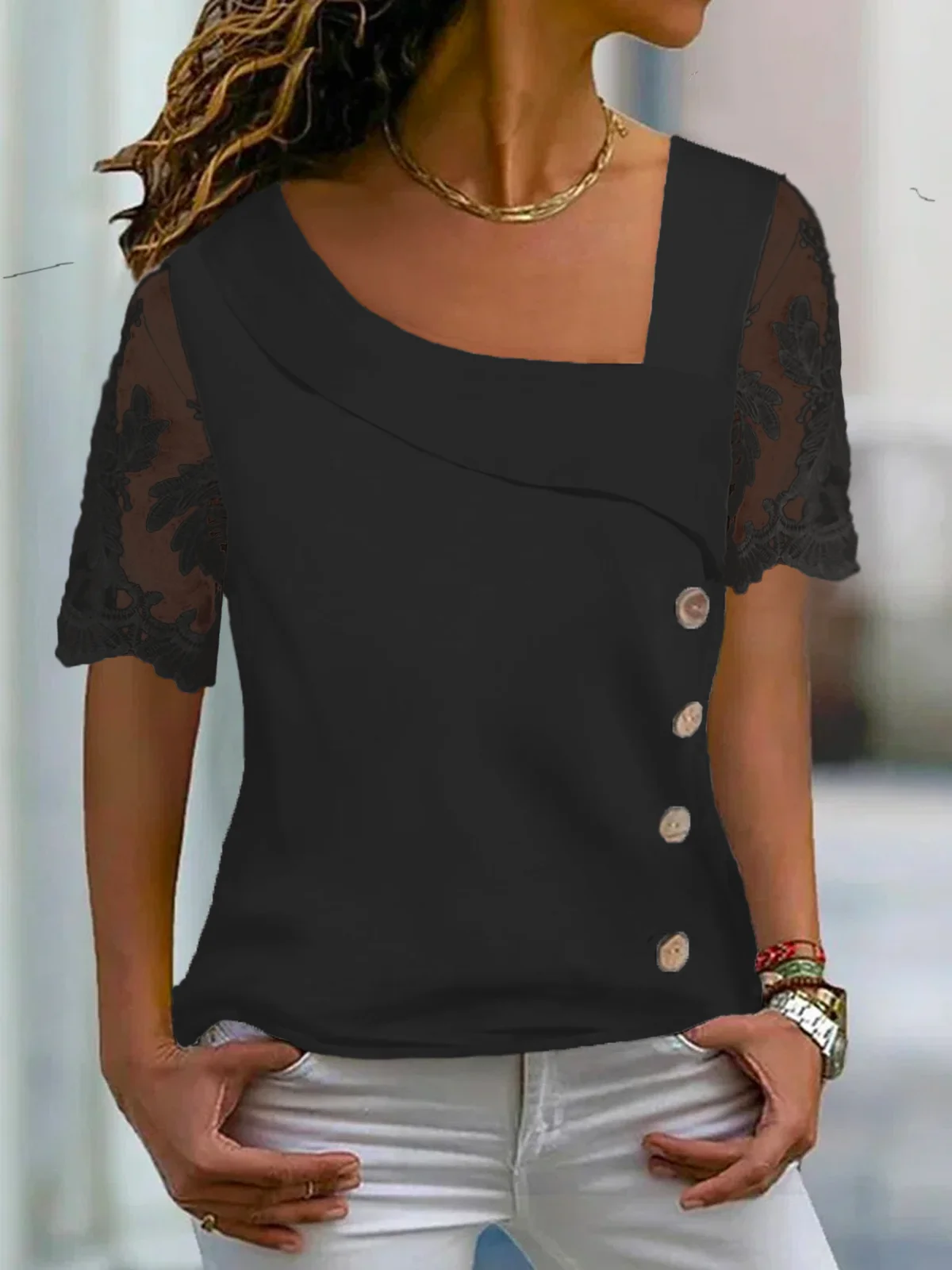 Damen T-shirt mit Spitzenärmel Lässig Asymmetrischer Hals Geknöpft Mesh Bluse