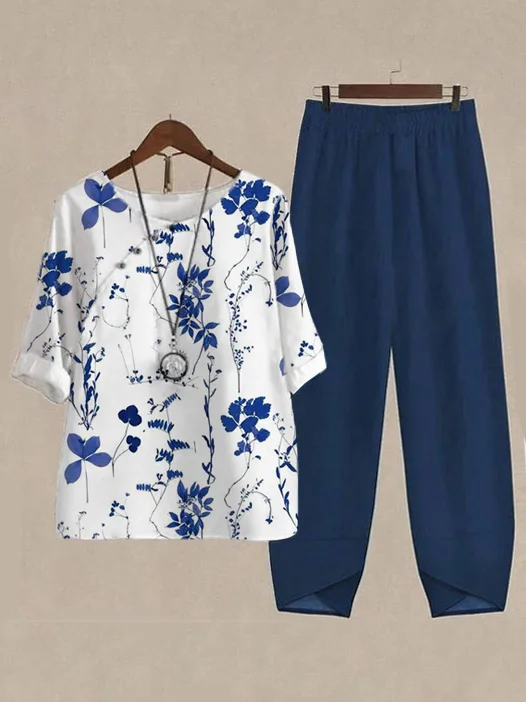 Damen Geblümt Schnalle Zweiteiliges Set Täglich Dreiviertelärmel Lässig Frühling/Herbst Bluse mit Hose Matching Set