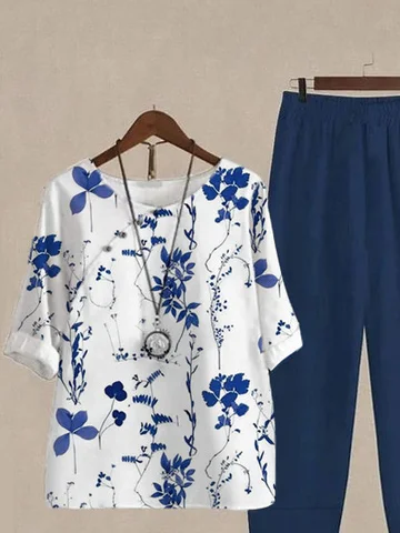 Damen Geblümt Schnalle Zweiteiliges Set Täglich Dreiviertelärmel Lässig Frühling/Herbst Bluse mit Hose Matching Set