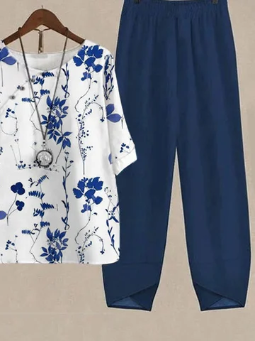 Damen Geblümt Schnalle Zweiteiliges Set Täglich Dreiviertelärmel Lässig Frühling/Herbst Bluse mit Hose Matching Set