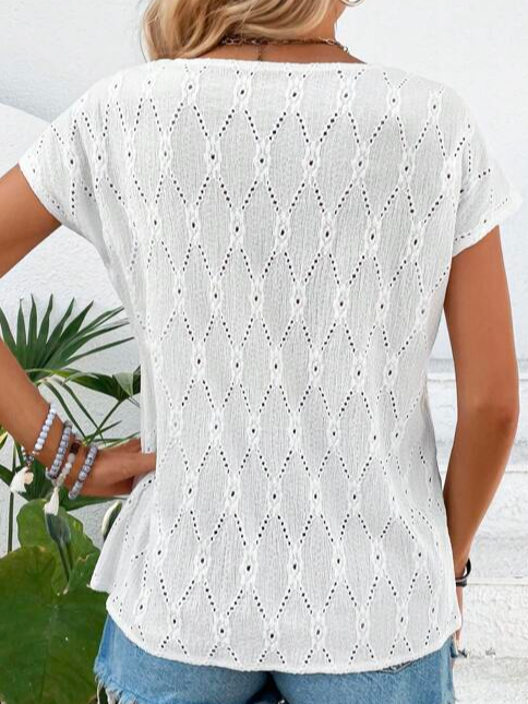 Lässig Geometrisch Weit Perforiert Stickerei Fledermausärmel Knopf Vorderseite T-Shirt