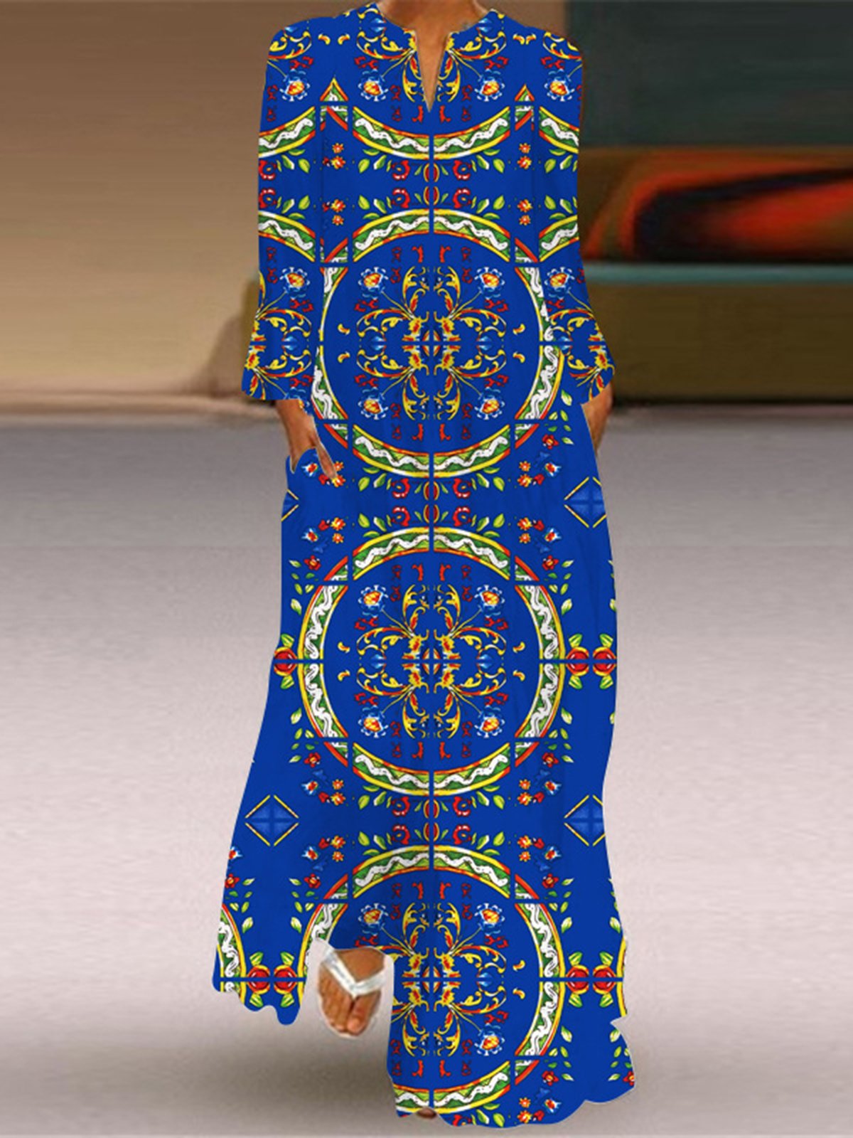 Lässig Geblümt V-Ausschnitt Regelmäßige Passform Kleid mit Nein