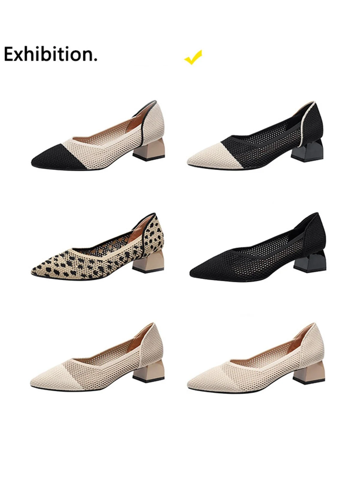Kontrast Unifarben Farbe Leopard Print Hohe Elastizität und Bequem Fliegend Gewebe Chunky Absatz Spitz Schuhe