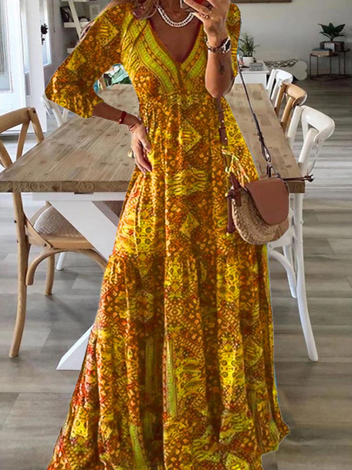 Lässig Ethnisch V-Ausschnitt Regelmäßige Passform Kleid mit Nein