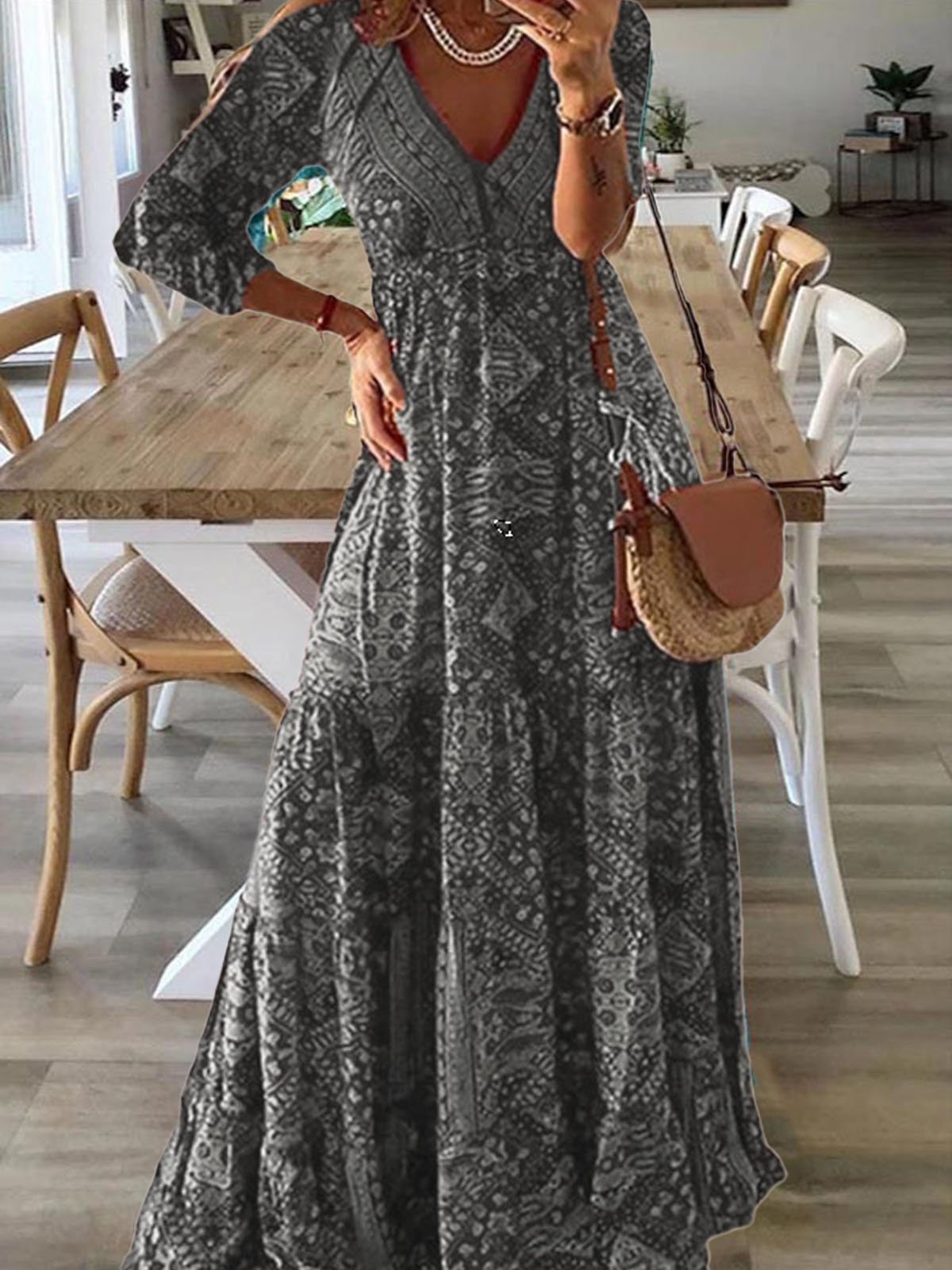 Lässig Ethnisch V-Ausschnitt Regelmäßige Passform Kleid mit Nein
