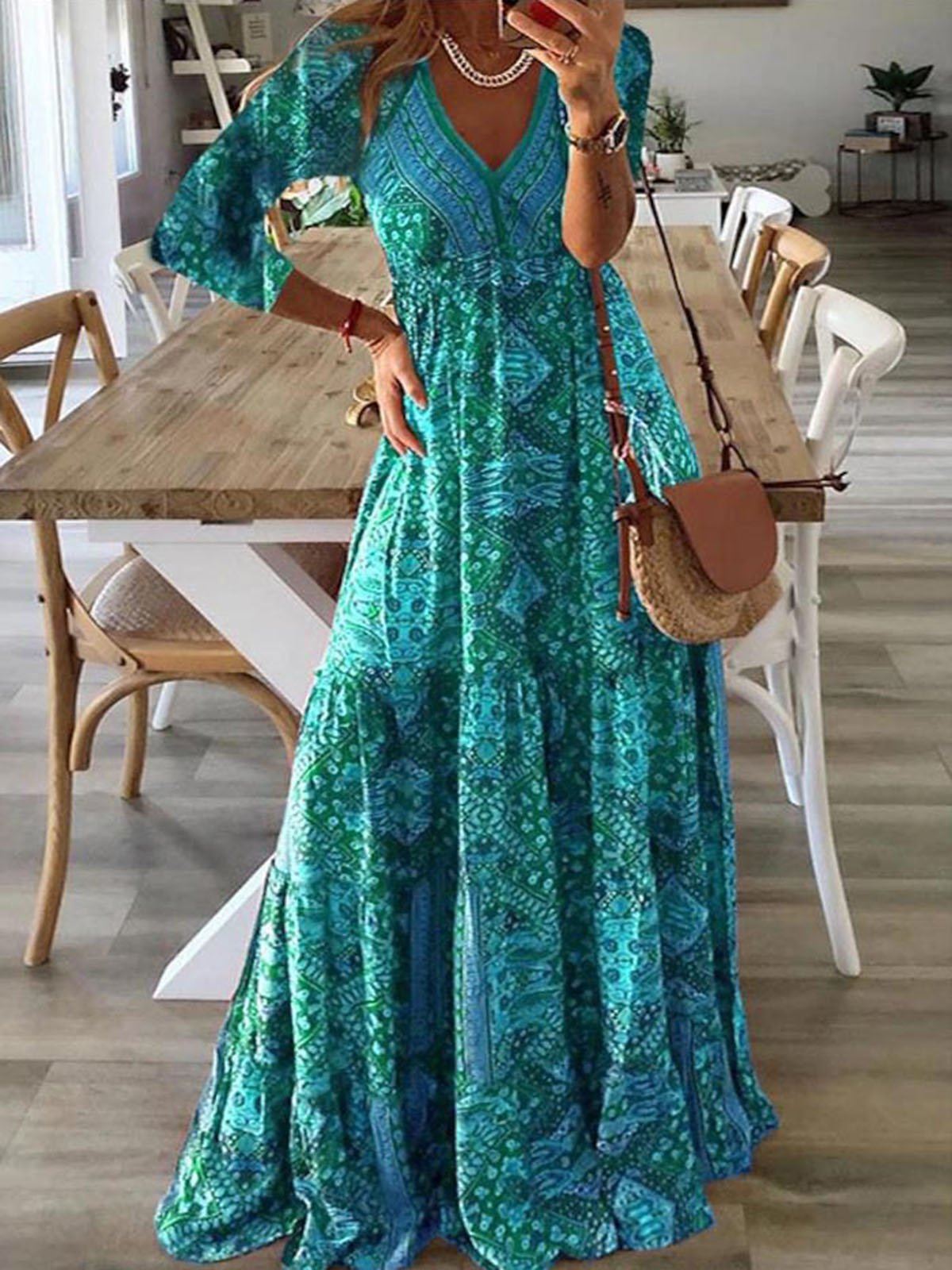 Lässig Ethnisch V-Ausschnitt Regelmäßige Passform Kleid mit Nein