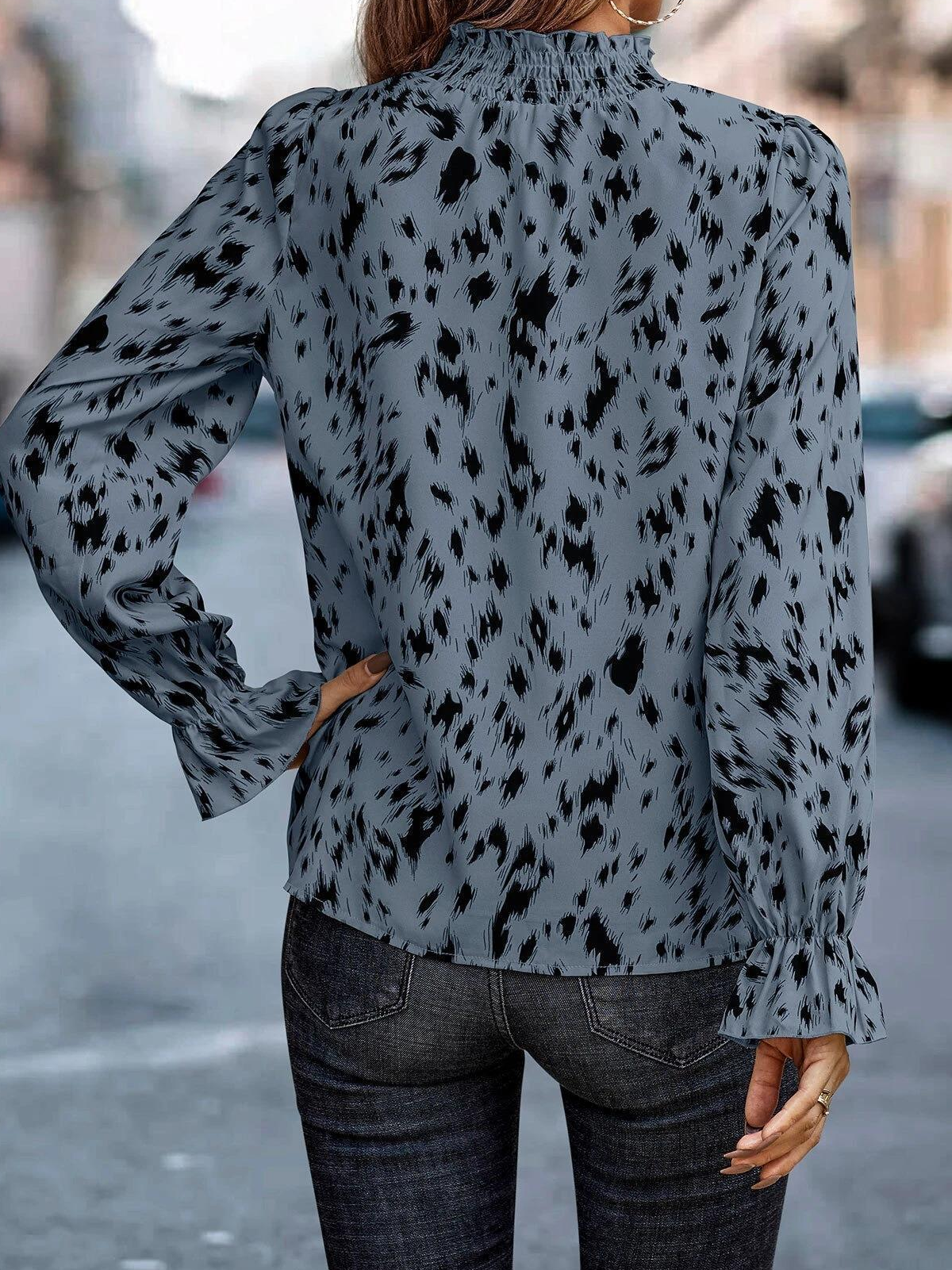 Damen Zebra Langarm Bluse_ Frühling/Herbst Schößchen Mock Neck Täglich Lässig Oberteile