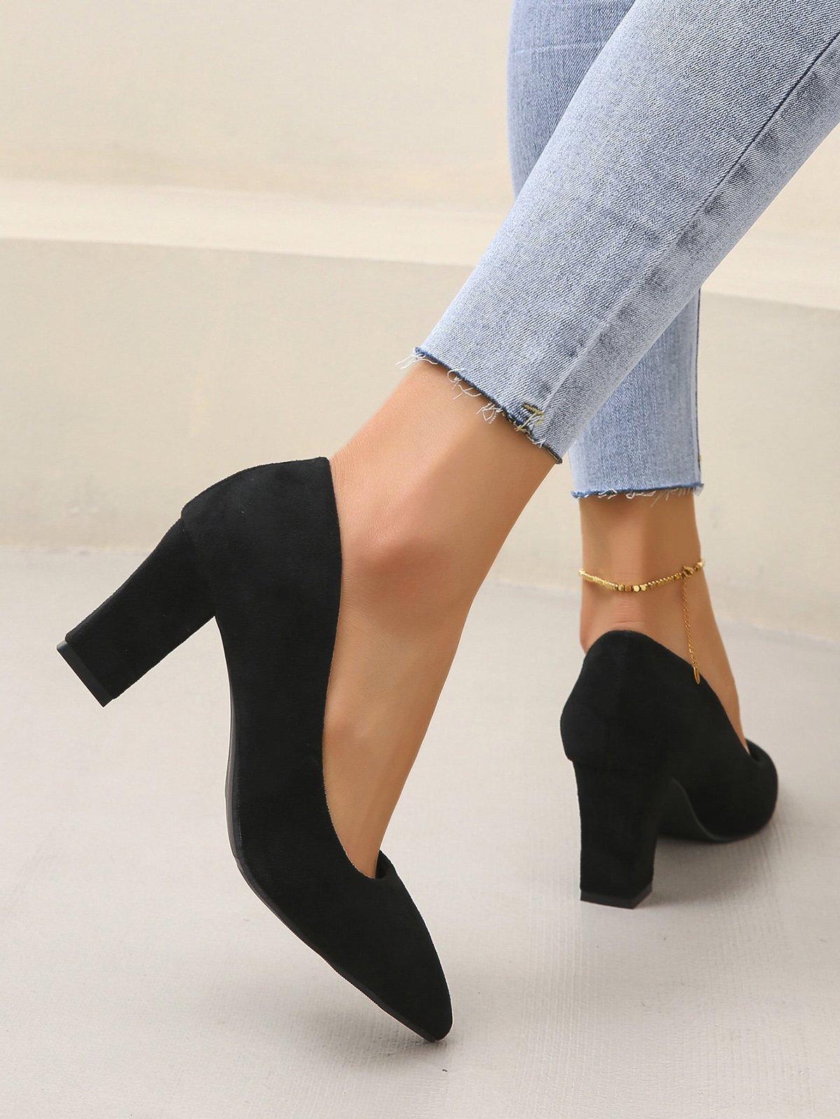 Damen minimalistisch Spitz Blockabsatz Flach Pumps