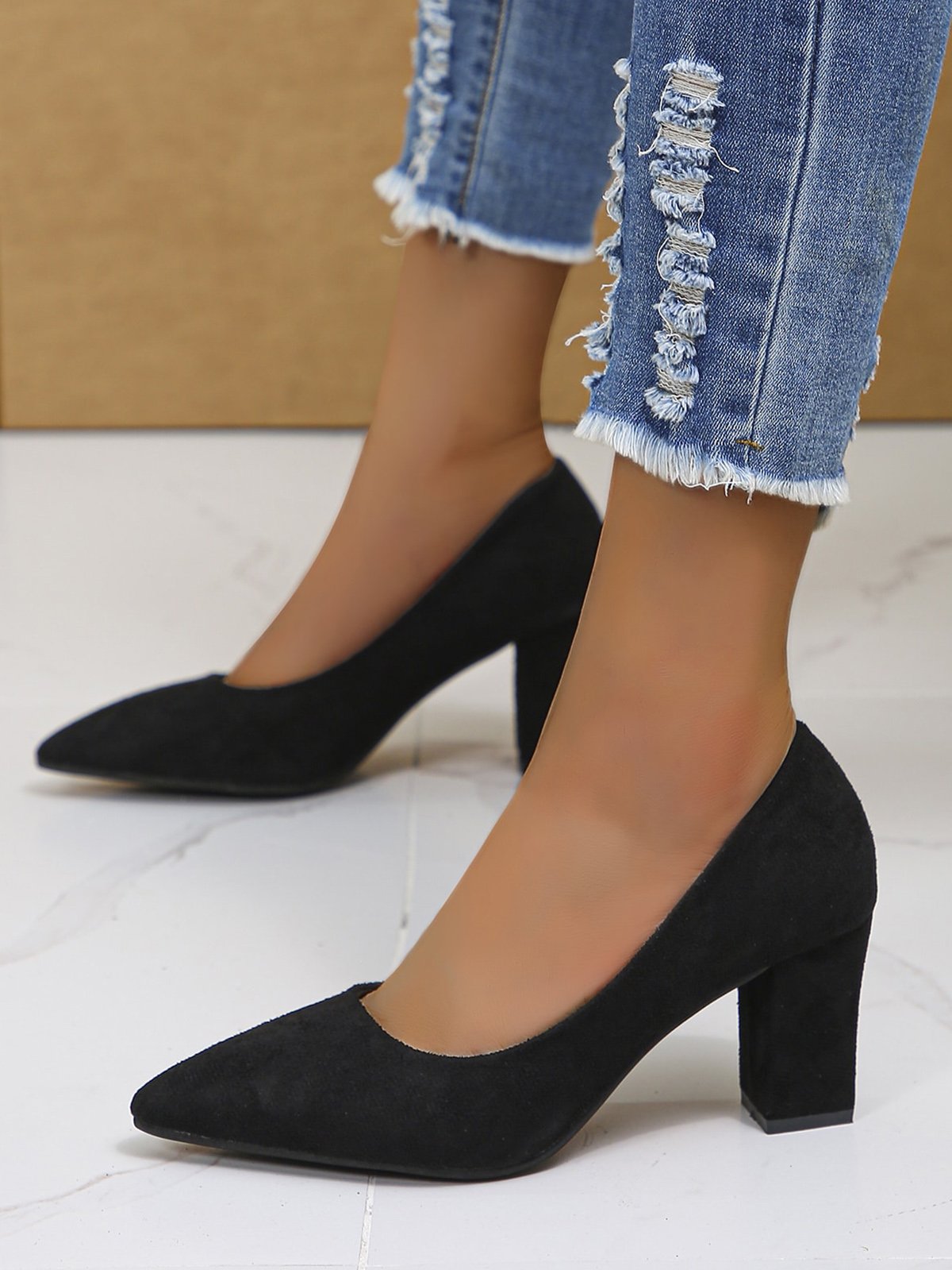 Damen minimalistisch Spitz Blockabsatz Flach Pumps