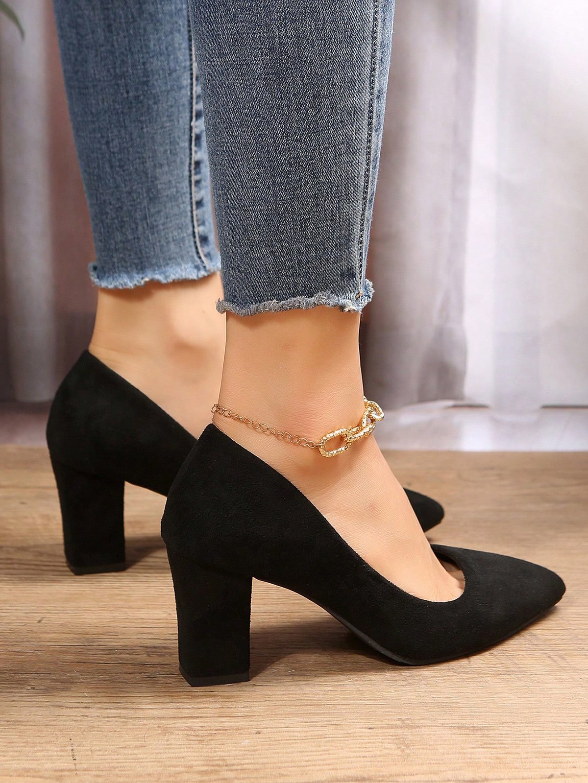 Damen minimalistisch Spitz Blockabsatz Flach Pumps