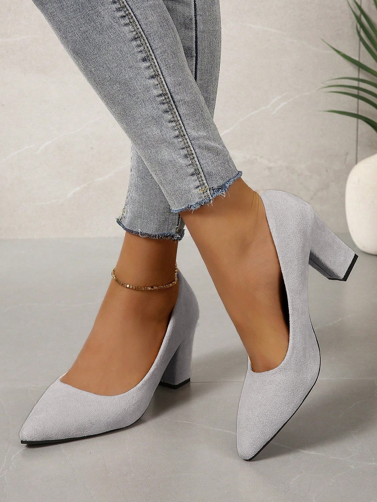 Damen minimalistisch Spitz Blockabsatz Flach Pumps