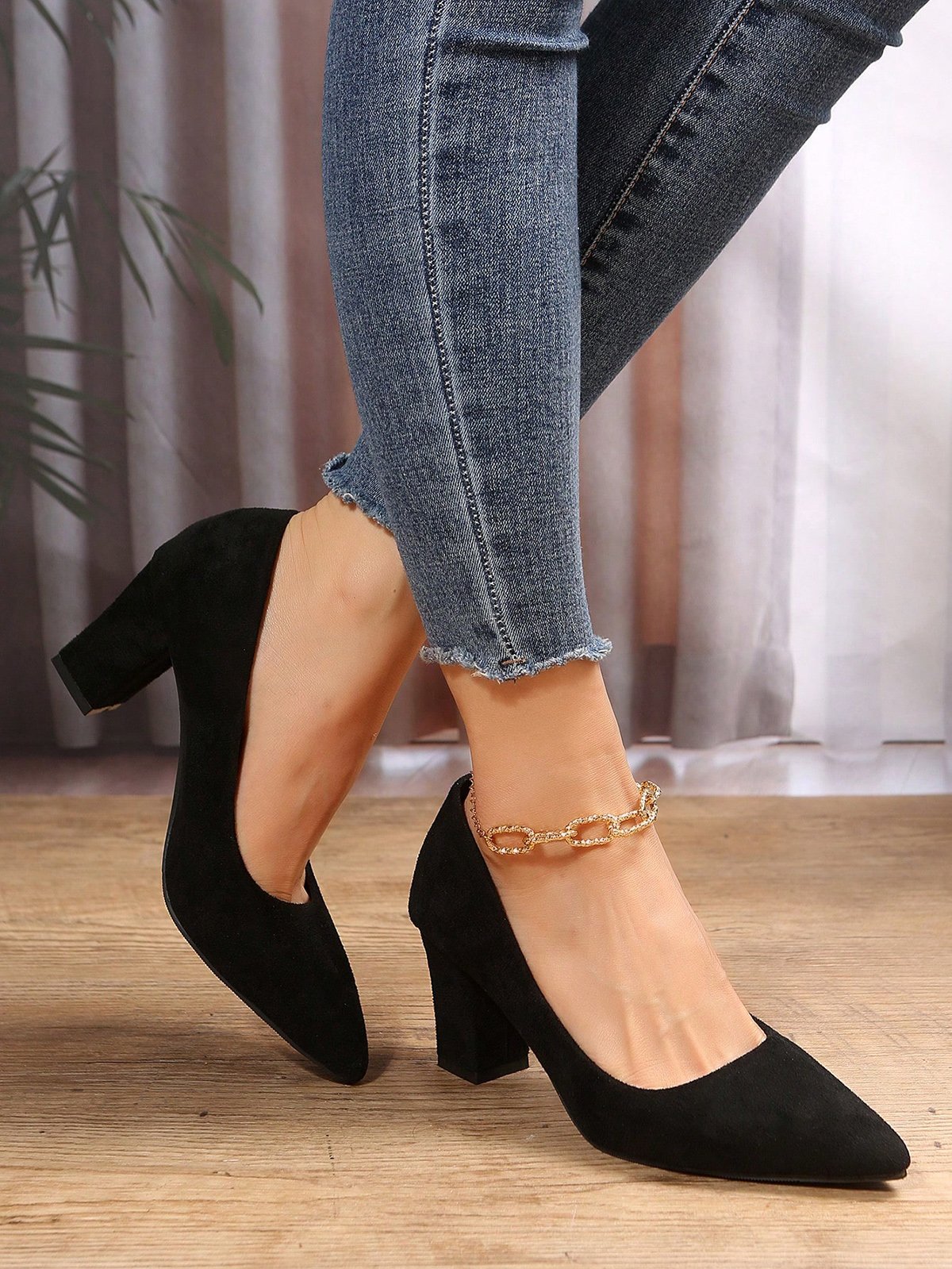 Damen minimalistisch Spitz Blockabsatz Flach Pumps