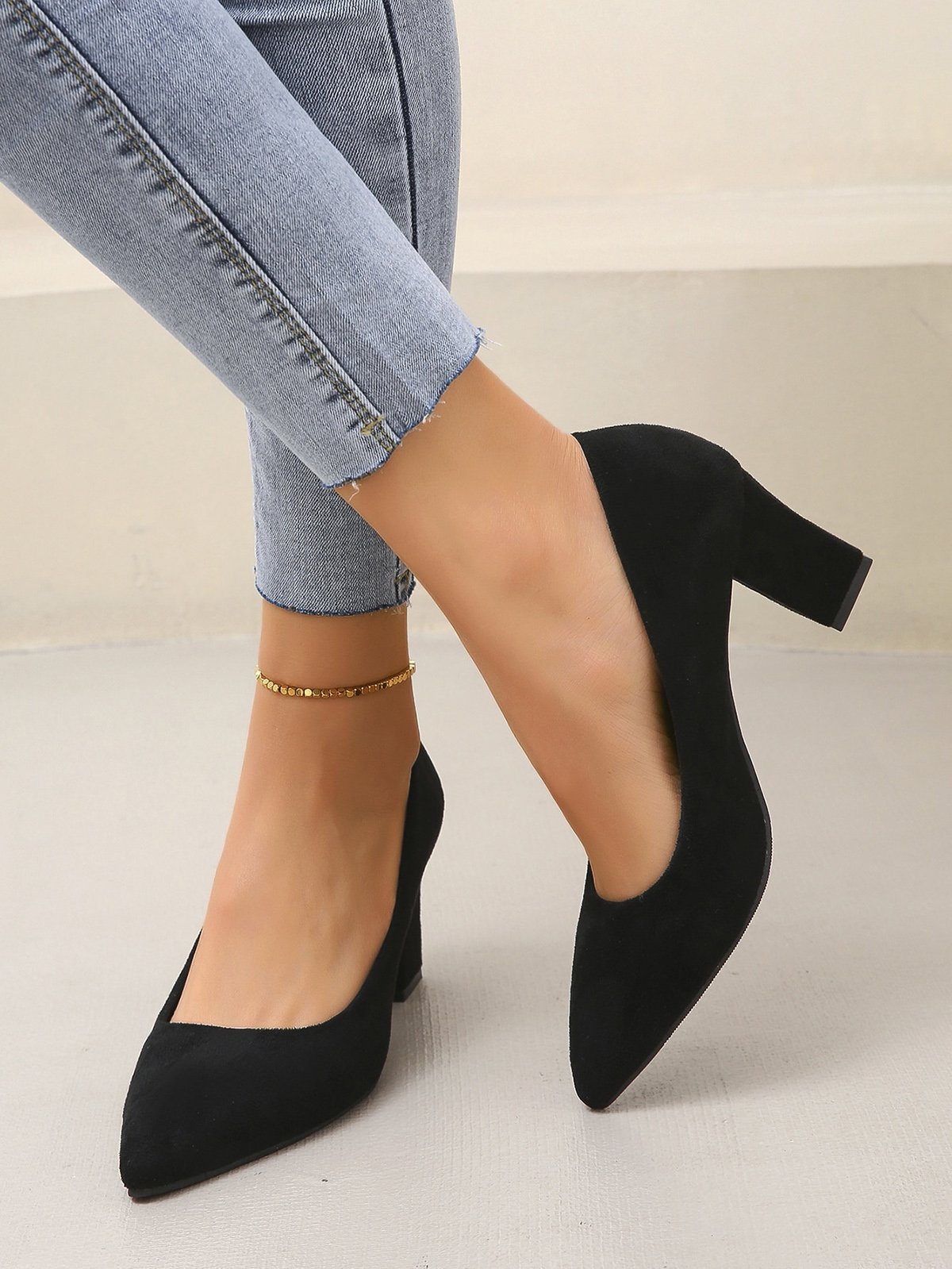 Damen minimalistisch Spitz Blockabsatz Flach Pumps