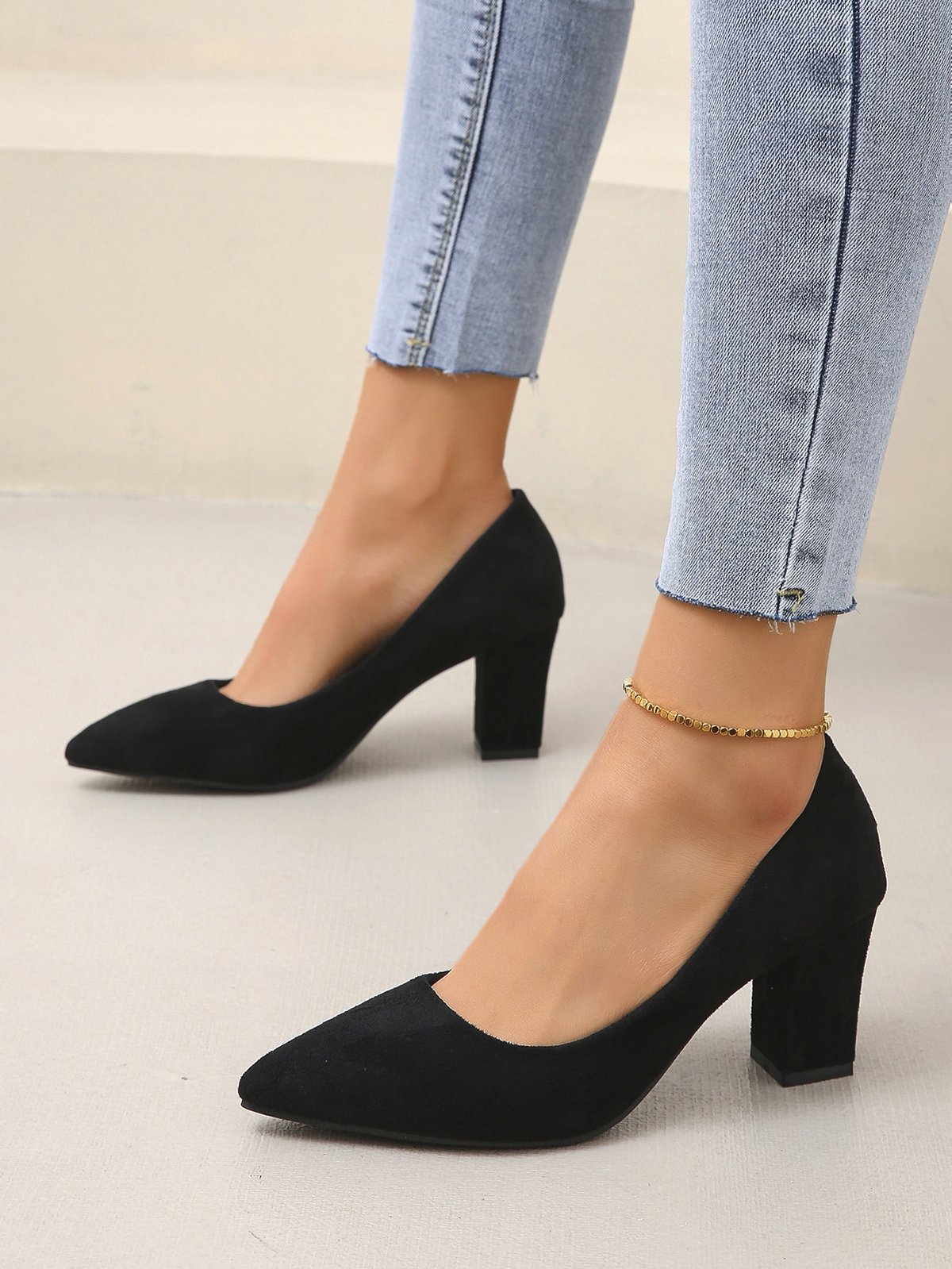 Damen minimalistisch Spitz Blockabsatz Flach Pumps