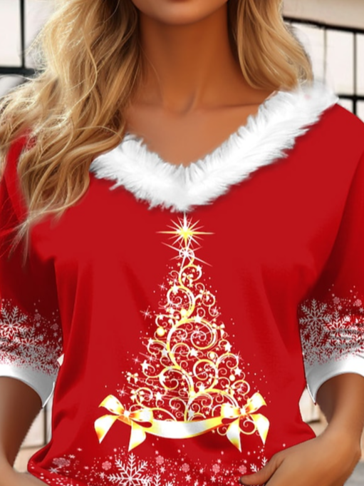 Lässig Pelz Ausschnitt Weihnachtsbaum T-Shirt