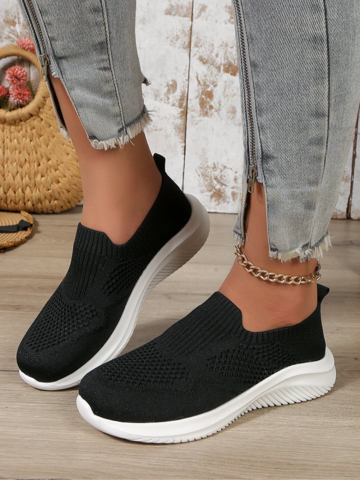 Damen minimalistisch Slip On Hochelastisch Flyknit Sneakers