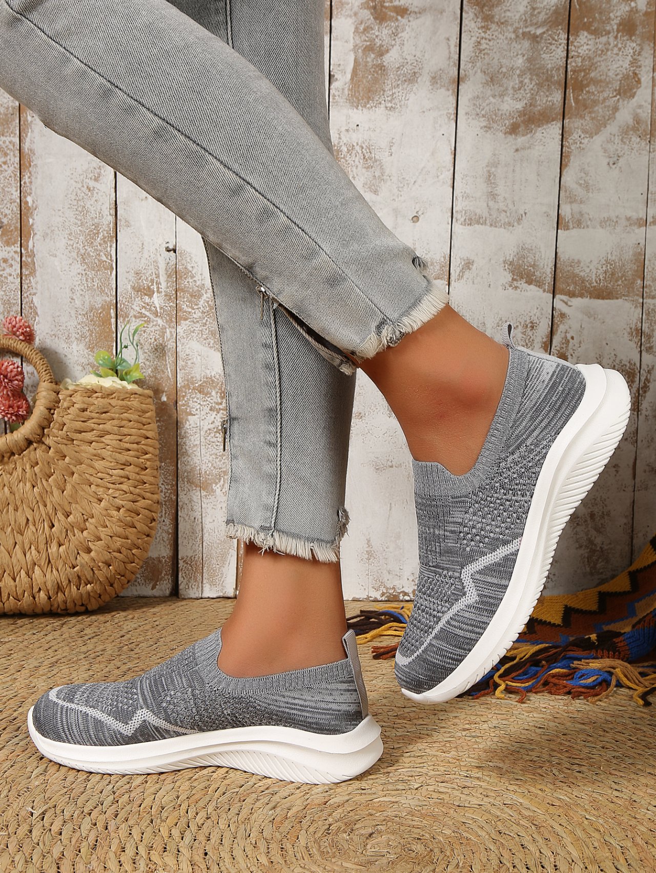 Damen minimalistisch Slip On Hochelastisch Flyknit Sneakers