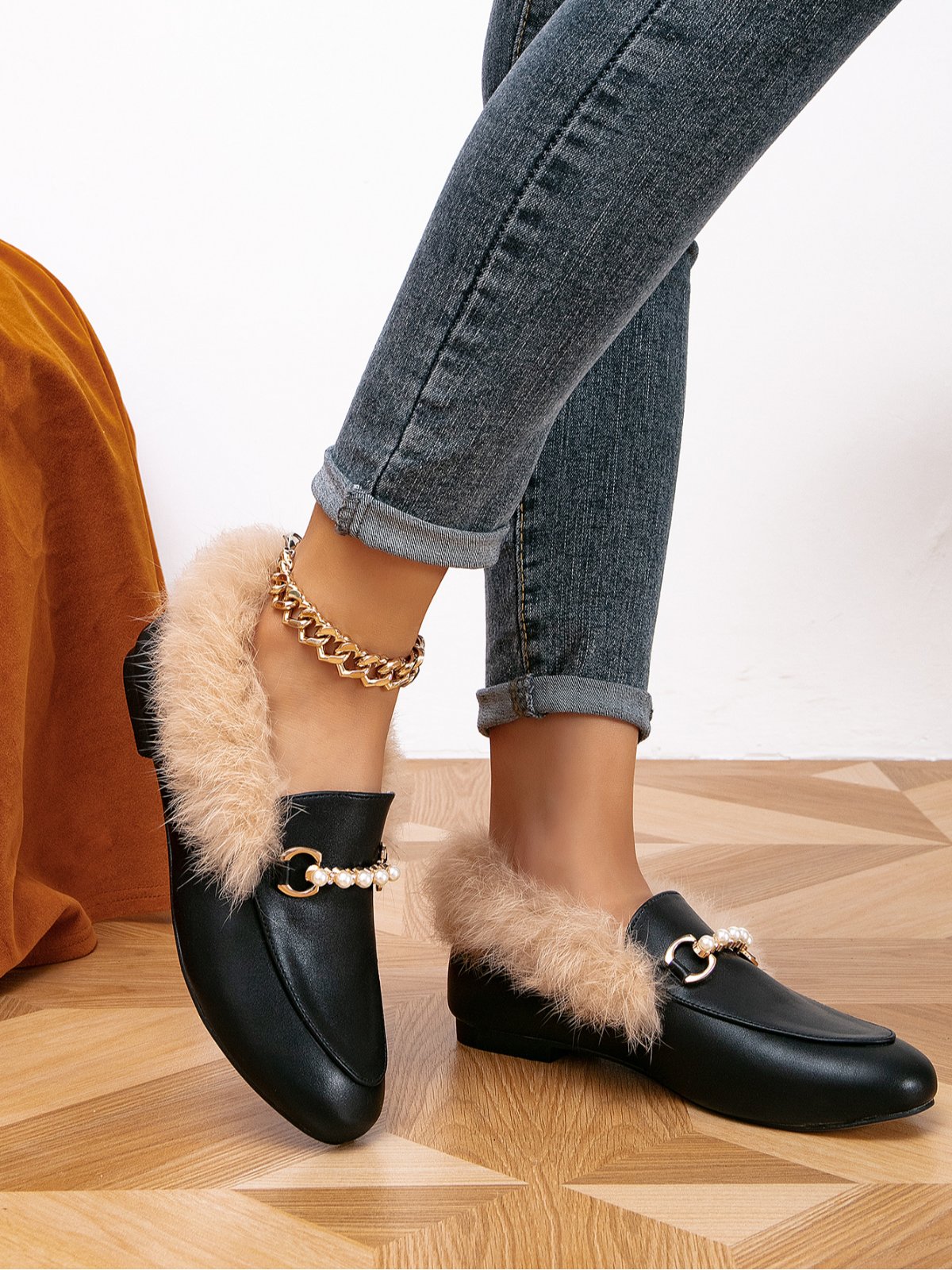 Elegant Nachgemachte Perle Plüsch Slip On Halbschuhe