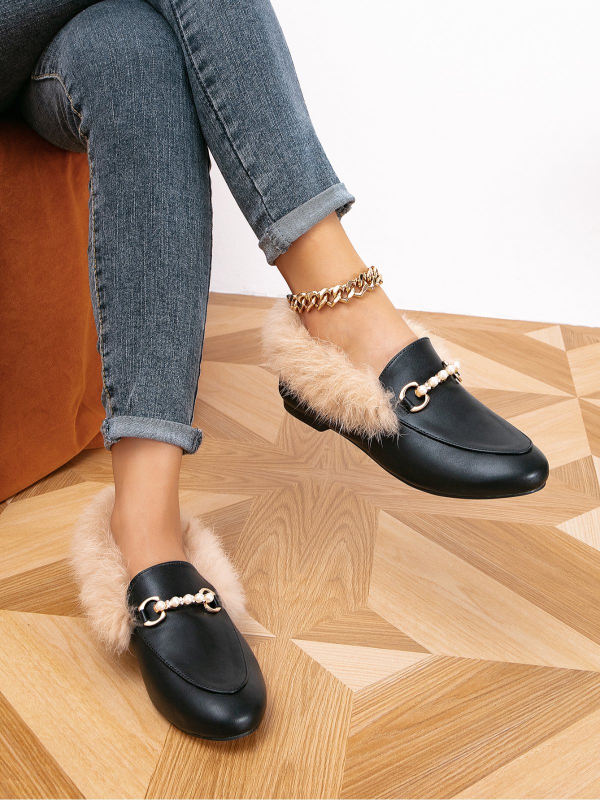 Elegant Nachgemachte Perle Plüsch Slip On Halbschuhe
