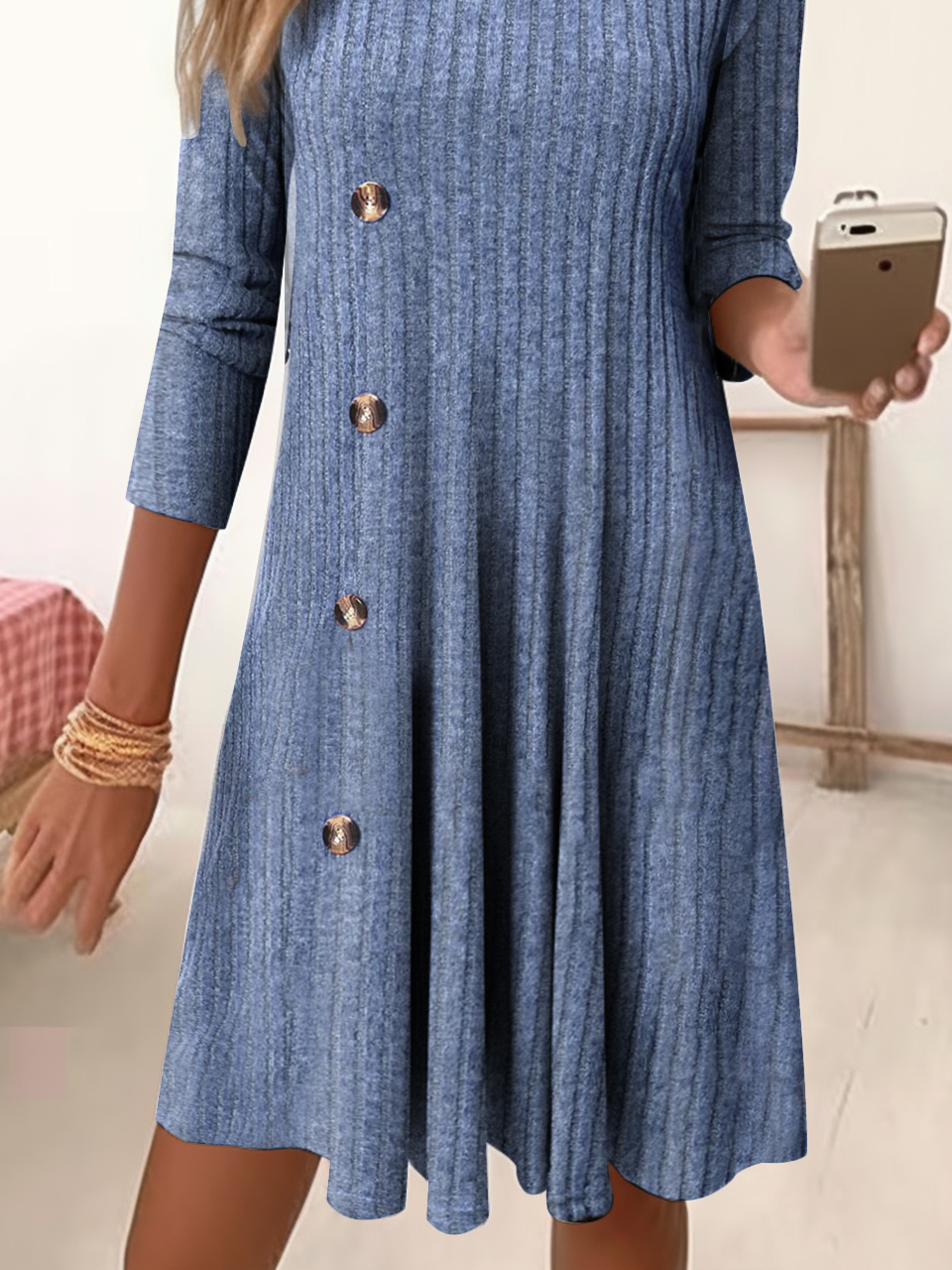 Karree-Ausschnitt Weit Lässig Unifarben Kleid