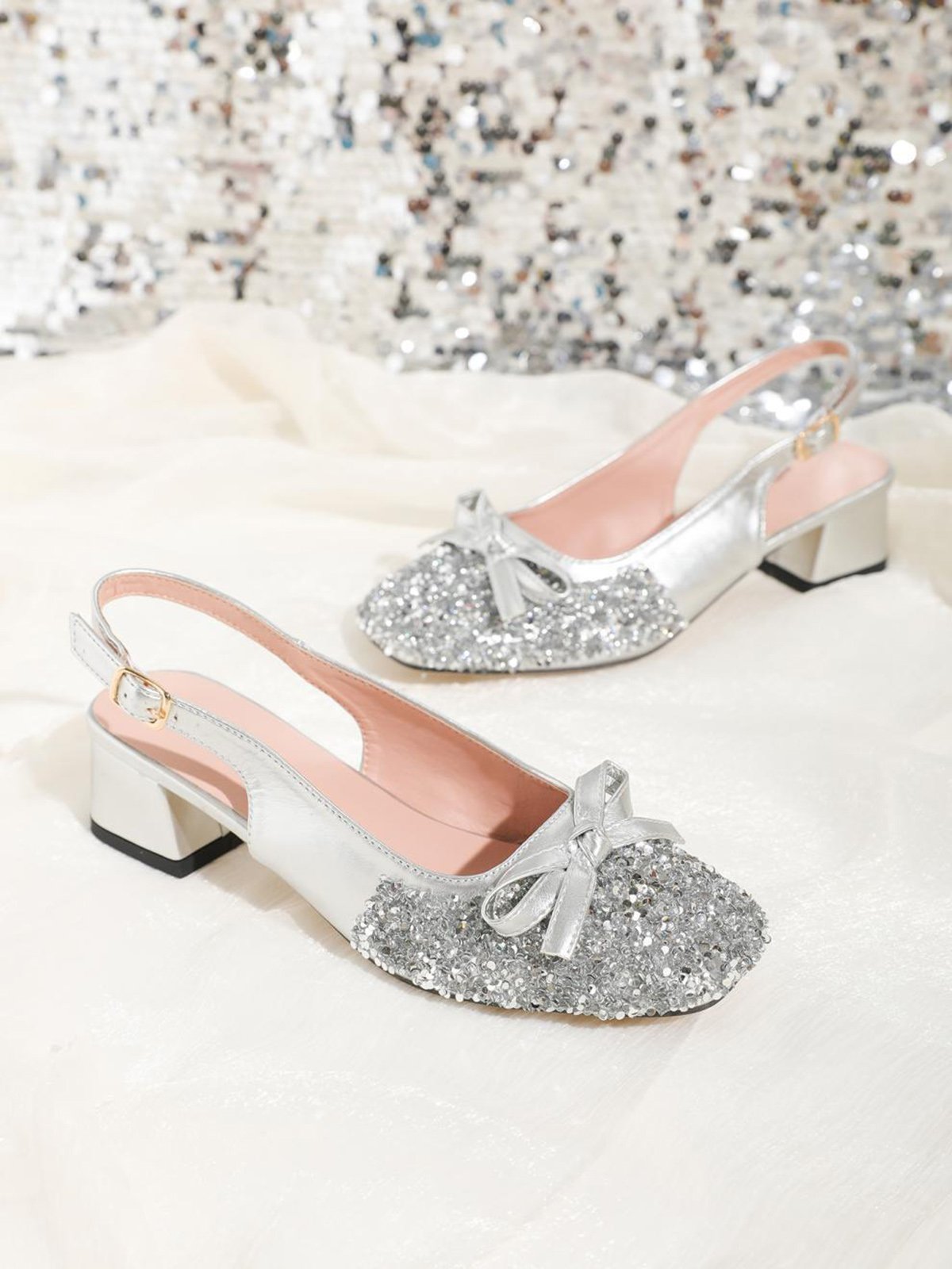 Party Strass Schleife Blockabsatz Slingback Pumps