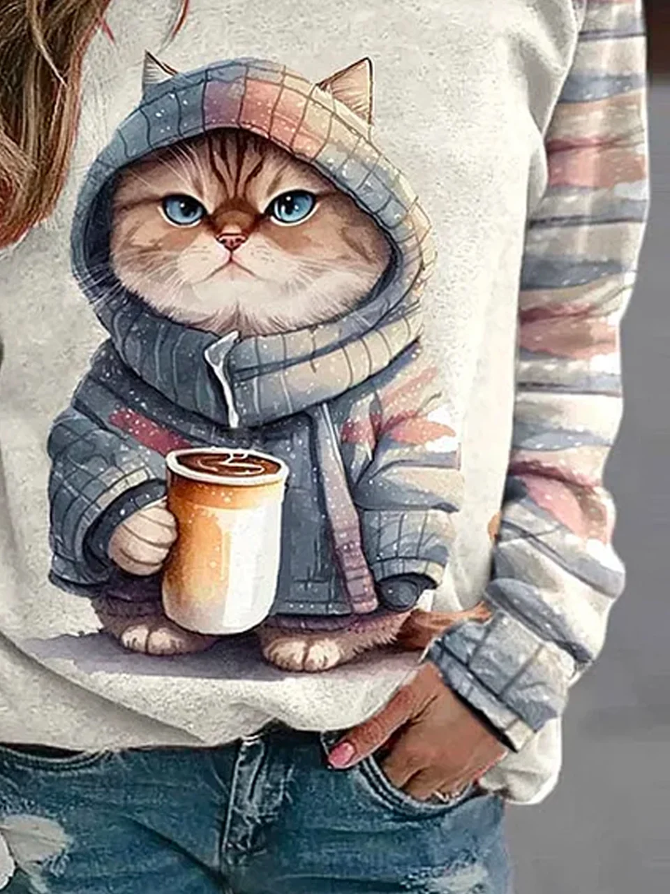 Damen Rundhals Katze Lässig Frühling/Herbst Langarm Sweatshirt