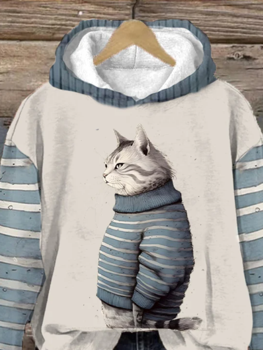 Damen Winter Lustig Süß Wunderland Kleidung Katze Print Mit Kapuze Sweatshirt