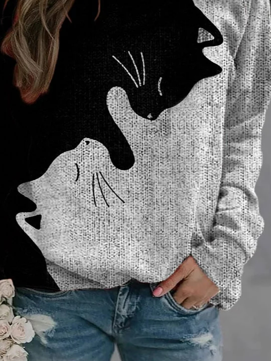 Damen Rundhals Katze Lässig Frühling/Herbst Langarm Sweatshirt