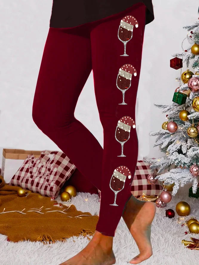 Fest Gestrickt Weihnachten Wein Glas Lässig Leggings