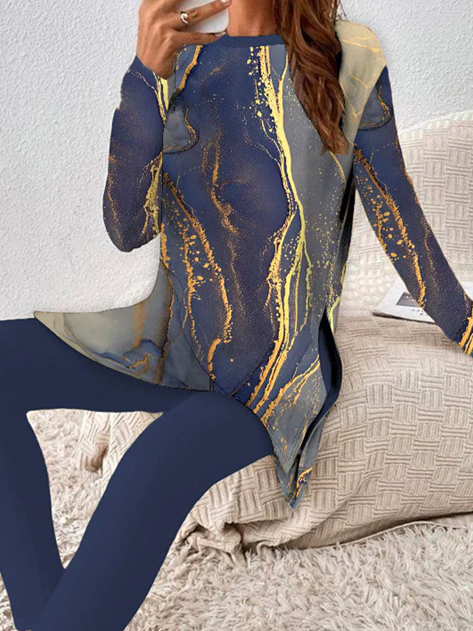 Damen Jersey Abstrakt Täglich Ausgehen Zwei Stücke Set Langarm Lässig Frühling/Herbst Bluse mit Hose Matching Set Blau