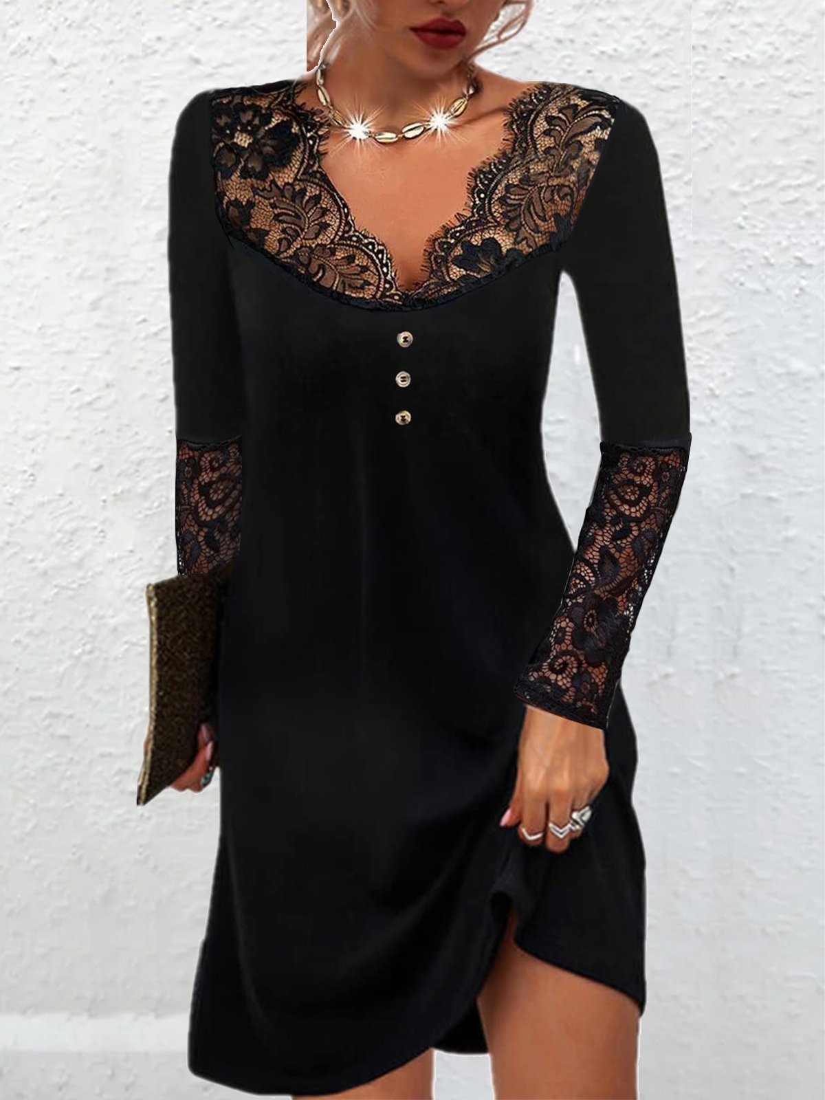 Damen Abendkleid Elegant Spitze MidiKleid Schwarz Frühling Herbst Sommer Kleid V-Ausschnitt Regelmäßige Passform 