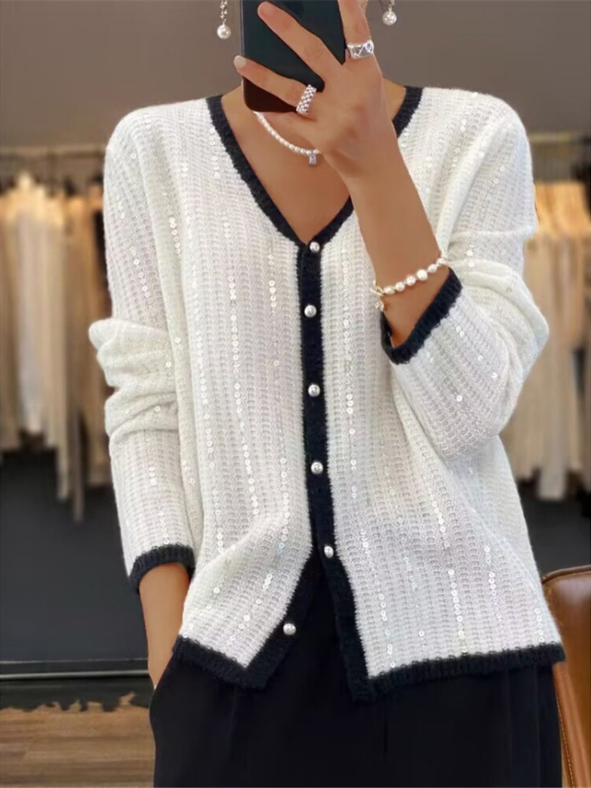 Damen Lässig Winter Unifarben Glitzernd Strickjacke